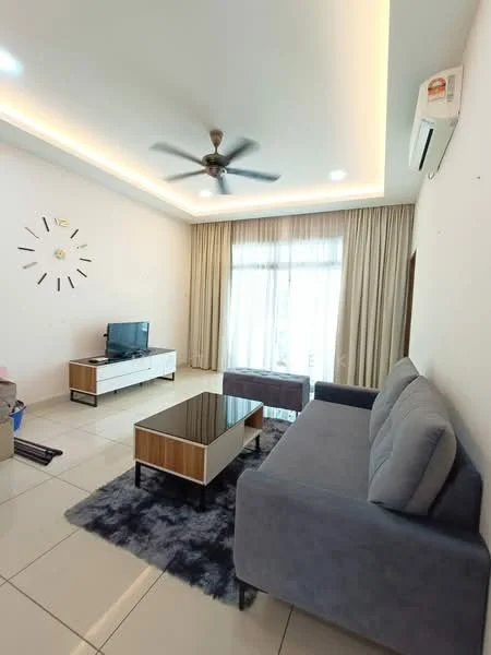 Living features: 3-seater fabric sofa in grey, coffee table with black top and wooden legs, TV console in white with wooden accents, wall-mounted TV, area rug with geometric pattern, 5-blade ceiling fan with light, floor-to-ceiling windows with sheer curtains, light-colored walls, recessed lighting, air conditioning unit on wall, decorative wall clock; style: modern.