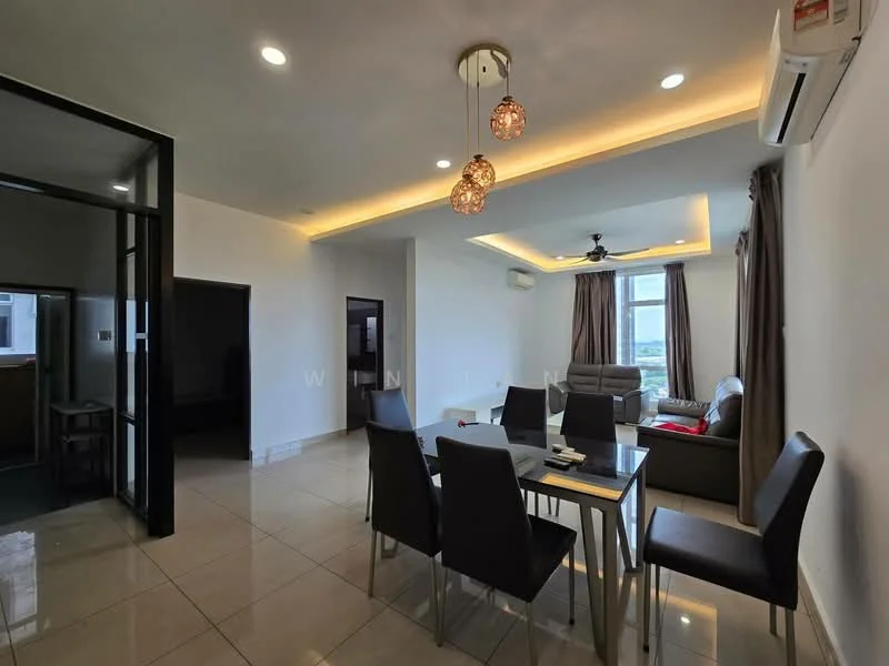 Dining features: 6-seater dining table, black dining chairs, pendant lighting with three bulbs, recessed ceiling lights, floor-to-ceiling windows, grey curtains, white painted walls, glossy tile flooring, air conditioning unit; style: modern; view: city. Living features: L-shape sectional sofa in grey, red accent cushions, coffee table, TV console, wall-mounted TV, decorative wall art, natural light from windows; style: modern; view: city. Kitchen features: open-plan layout, kitchen island, stainless-steel appliances, white cabinetry, black countertop, tile backsplash; style: modern.