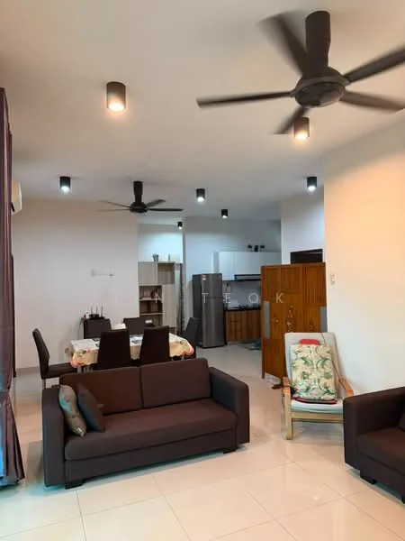Living features: 3-seater fabric sofa in dark brown, 2-seater fabric sofa in dark brown, coffee table, area rug, 5-blade ceiling fan with light, recessed LED downlights, white painted walls, glossy tile flooring, decorative wall art, open layout to dining area; style: modern. Dining features: 6-seater dining table, black dining chairs, white walls, open layout to living area, kitchen visible in background; style: modern. Kitchen features: stainless-steel fridge, built-in cabinetry, countertop, open layout to dining area, white walls, glossy tile flooring; style: modern.