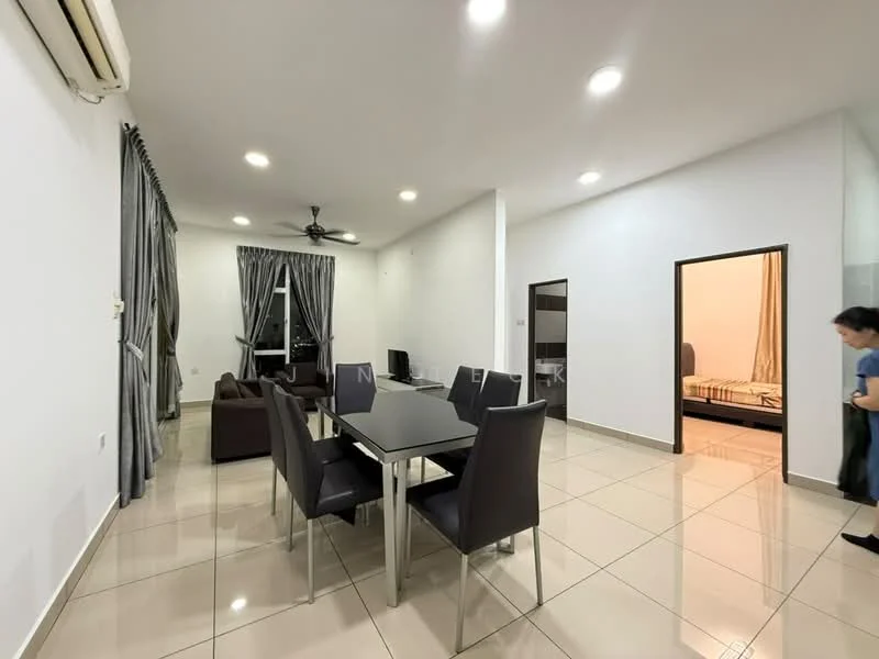 Dining features: 6-seater dining table, black dining chairs, white painted walls, tile flooring, recessed LED downlights, ceiling fan, floor-to-ceiling windows with sheer curtains, grey curtains, open layout to living area; style: modern. Living features: 2-seater fabric sofa in brown, coffee table, TV console, wall-mounted TV, area rug, open layout to dining area; style: modern. Bedroom features: queen-size bed, wooden bed frame, bedside table, built-in wardrobe, unknown wall color.