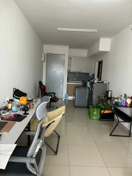 Living features: white painted walls, glossy ceramic tile flooring, recessed ceiling lights, kitchenette with grey cabinets, stainless-steel fridge, built-in countertop, dining table, office desk with chair, gaming chair, various kitchen appliances, plastic storage bags, open layout; style: modern.