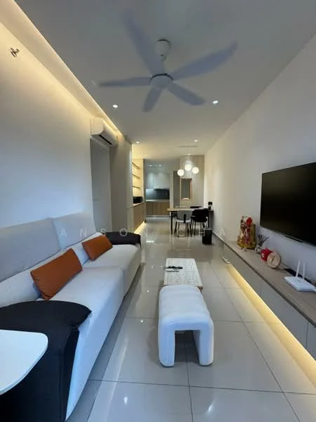 Living features: 3-seater fabric sofa in grey and black, coffee table, wall-mounted TV, LED strip lighting, 5-blade ceiling fan with light, white painted walls, glossy tile flooring, decorative items on TV console, recessed downlights; style: modern. Dining features: 6-seater dining table, black dining chairs, pendant lighting above dining table; style: modern.