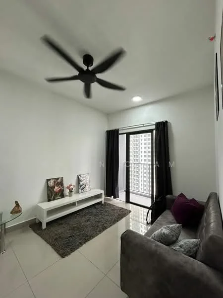 Living features: grey leather sofa, 3-seater sofa, decorative cushions, white coffee table, area rug with geometric pattern, floor-to-ceiling windows, blackout curtains, 5-blade ceiling fan with light, wall-mounted artwork, sliding glass door, tile flooring, white painted walls, recessed downlights; style: modern; view: city.