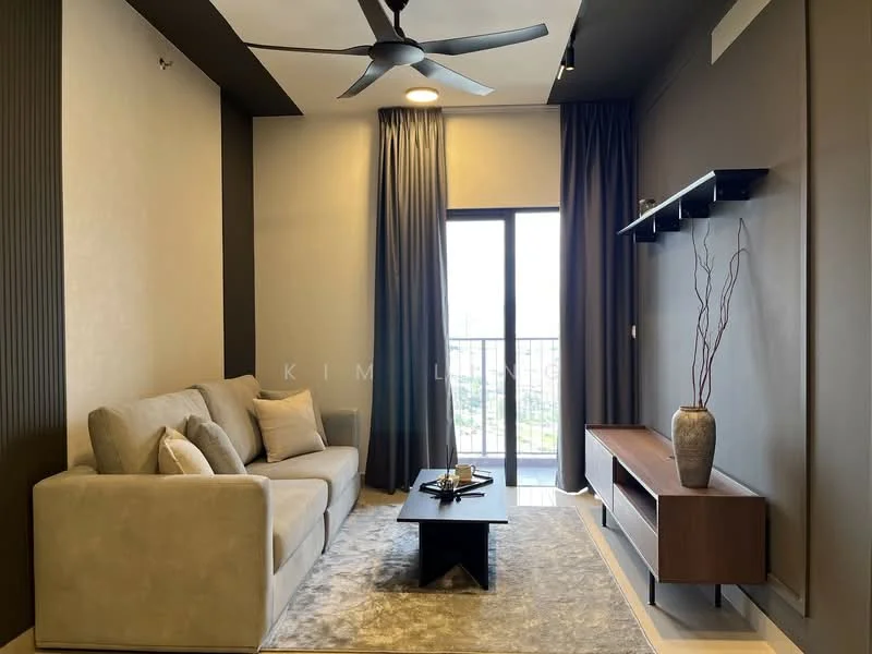 Living features: 3-seater fabric sofa in light beige, coffee table in dark wood, TV console in dark wood, floor-to-ceiling windows, blackout curtains, 5-blade ceiling fan with light, decorative vase on console, area rug with neutral tones, wall-mounted shelf; style: modern; view: city.