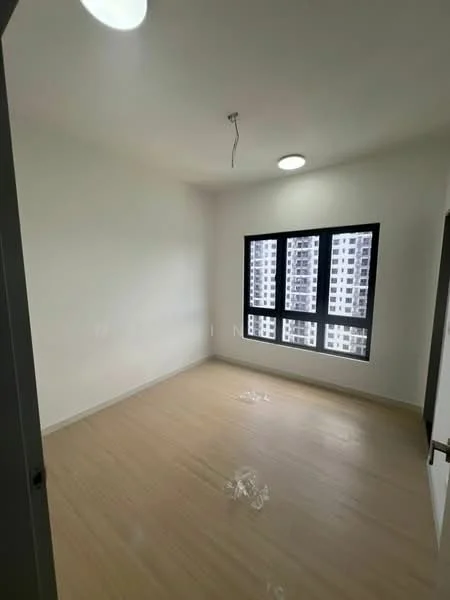 Room features: white painted walls, light wood flooring, ceiling light fixture, floor-to-ceiling windows, black window frames; style: modern; view: city.
