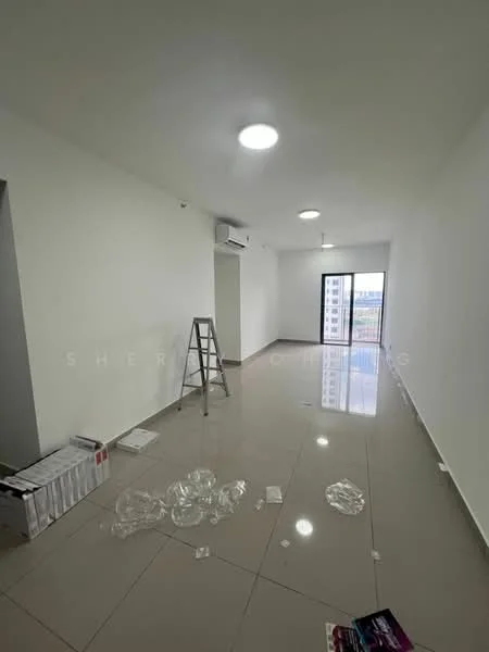 Living features: white painted walls, polished ceramic tile flooring, recessed downlights, 1 wall-mounted split AC, ceiling fan, floor-to-ceiling sliding glass door, balcony view, ladder, scattered packaging materials; view: city.