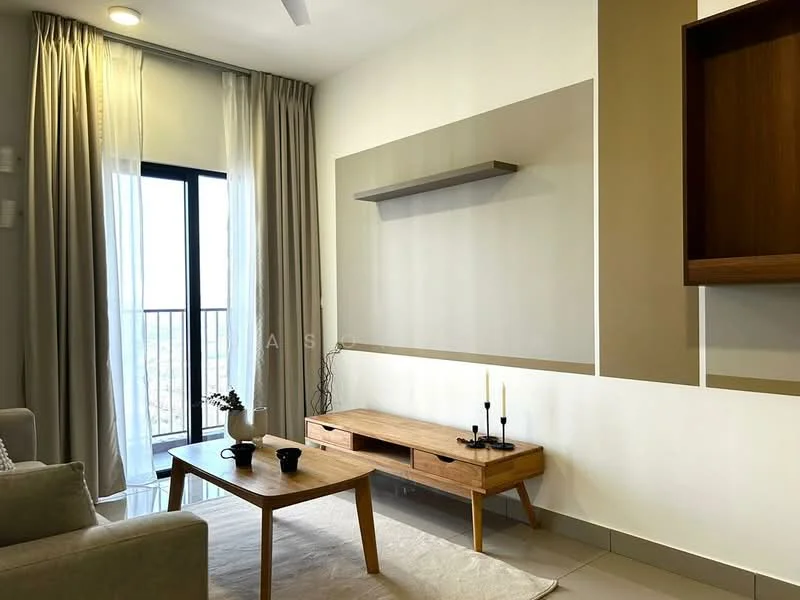 Living features: light grey fabric sofa, wooden coffee table, wall-mounted shelf, floor-to-ceiling windows, sheer curtains, decorative candles, neutral wall colour, area rug, wooden TV console; style: modern; view: city.