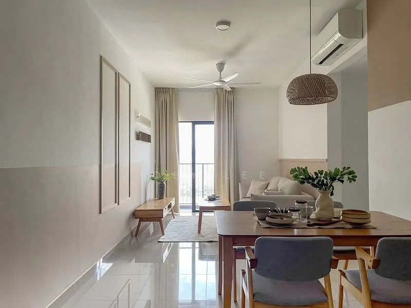 Living features: white painted walls, beige accent wall, polished tile flooring, 5-blade ceiling fan with light, floor-to-ceiling windows, sheer curtains, sofa in light grey fabric, wooden coffee table, decorative plants in ceramic pots, area rug, wall-mounted air conditioning unit; style: modern; view: city. Dining features: wooden dining table, 4 upholstered dining chairs, decorative centerpiece, table setting with plates and cutlery; style: modern; view: city.