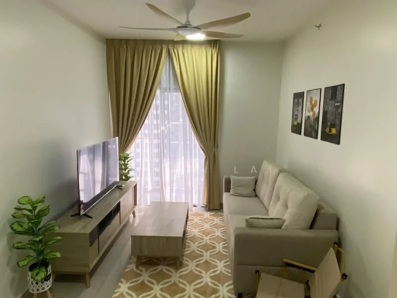 Living features: 3-seater fabric sofa in light grey, wooden coffee table, wall-mounted TV, TV console, area rug with geometric pattern, floor-to-ceiling windows, sheer curtains, ceiling fan, decorative houseplants in ceramic pots, framed artwork on walls; style: modern; view: city.