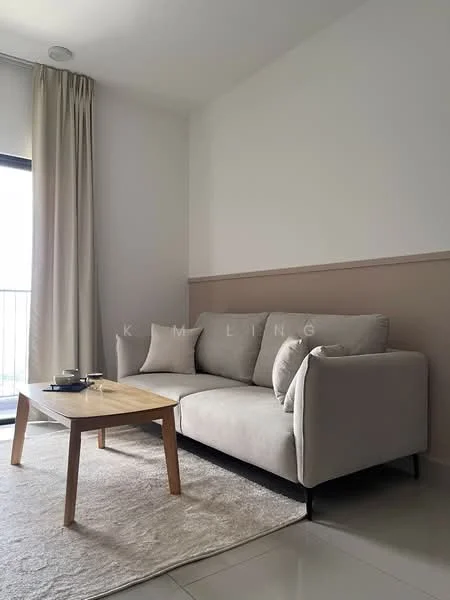 Living features: light grey fabric sofa, wooden coffee table, area rug, floor-to-ceiling window, sheer curtains, white painted walls, cream accent wall, recessed ceiling lights, decorative cushions; style: modern.