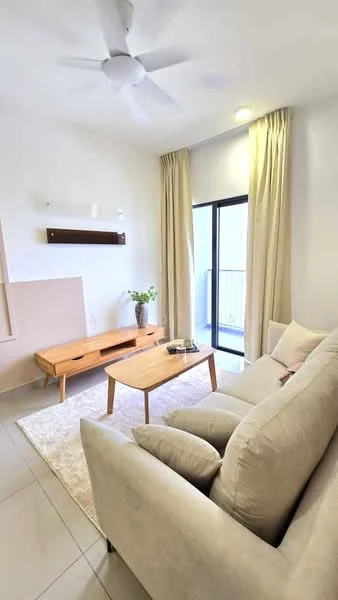 Living features: beige fabric sofa, wooden coffee table, TV console, floor-to-ceiling windows, sheer curtains, light-colored walls, recessed downlights, ceiling fan, area rug, potted plant; style: modern.