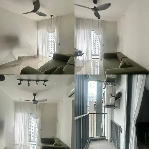 Living features: 3-seater fabric sofa in green, floor-to-ceiling windows, sheer curtains, 5-blade ceiling fan, recessed LED downlights, wall-mounted air conditioning unit, balcony access, tile flooring, neutral painted walls; style: modern; view: city. Balcony view: city.