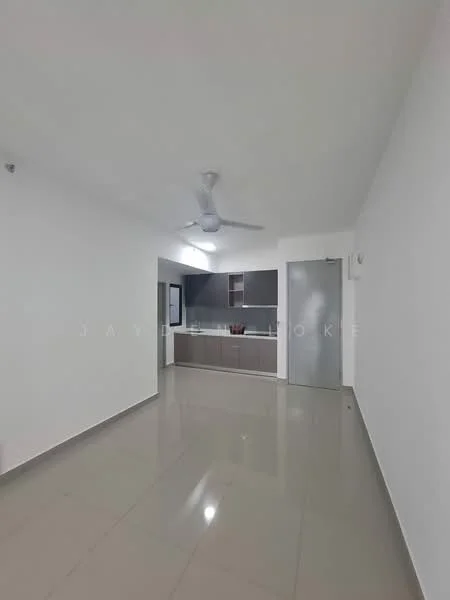 Living features: white painted walls, glossy ceramic tile flooring, 5-blade ceiling fan with light, open kitchen layout, grey cabinetry, stainless-steel sink, kitchen countertop, door leading to another room; style: modern.