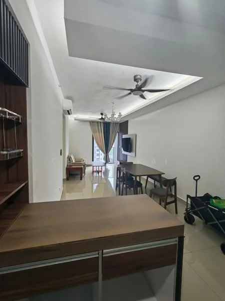 Kitchen features: wooden cabinetry, countertop, open shelving, stainless-steel sink, ceiling fan; style: modern. Living features: dining table for 4, wall-mounted TV, sofa, floor-to-ceiling windows, curtains, recessed lighting, polished tile flooring, ceiling fan; style: modern.