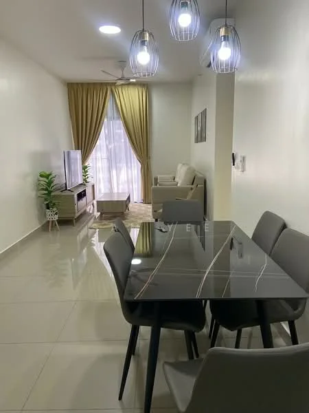 Living features: white painted walls, glossy tile flooring, 5-blade ceiling fan with light, sofa in light color, TV console, wall-mounted TV, dining table with black glass top, 4 dining chairs in grey, curtains in light color, decorative plant in ceramic pot, area rug, recessed lighting; style: modern.