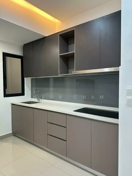 Kitchen features: grey upper cabinets, brown lower cabinets, white quartz countertop, stainless-steel sink, chrome pull-down faucet, glass backsplash, built-in stove, recessed lighting, tile flooring, window with black frame; style: modern.