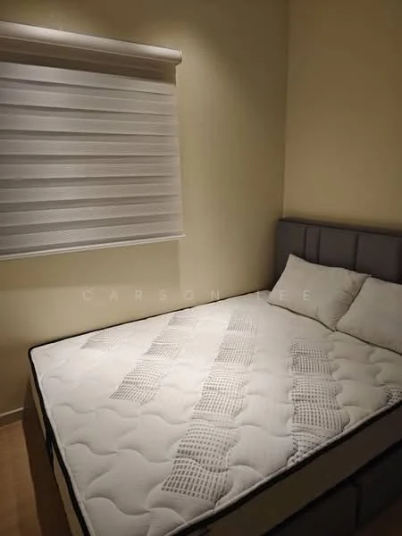 Bedroom features: queen-size bed, upholstered headboard, two white pillows, light-colored walls, wooden flooring, roller blinds, nightstand, decorative wall art; style: modern.