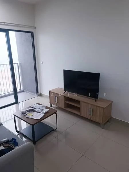 Living features: grey fabric sofa, wooden coffee table, TV console with storage, wall-mounted TV, sliding glass door, floor-to-ceiling windows, neutral wall color, glossy tile flooring; style: modern.