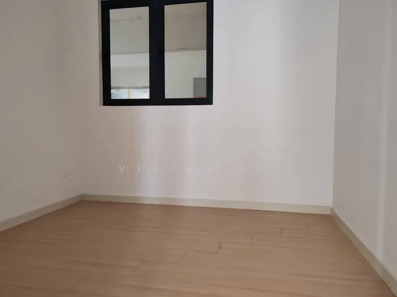 Room features: light wood flooring, white painted walls, black framed window.