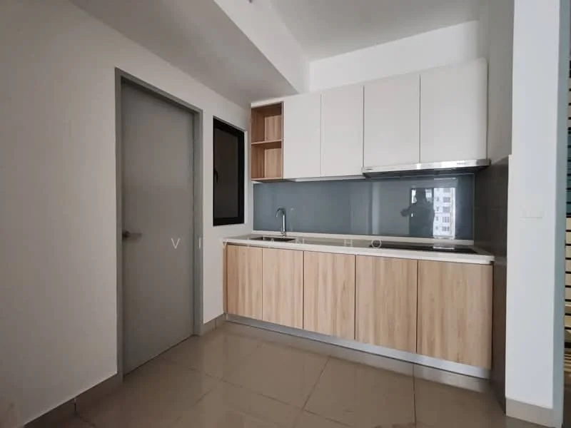 Kitchen features: white upper cabinets, wood lower cabinets, stainless-steel sink, chrome pull-down faucet, grey backsplash, countertop with overhang, built-in oven, ceramic tile flooring, single window, neutral painted walls, recessed lighting; style: modern.