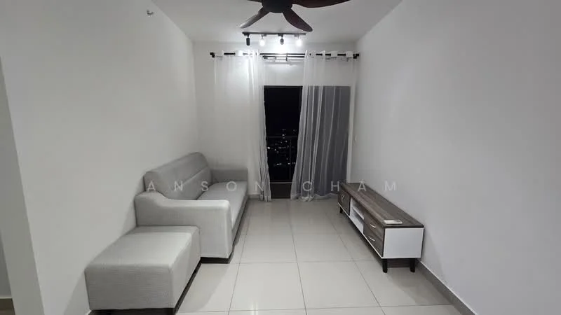 Living features: light grey fabric sofa, white walls, tile flooring, ceiling fan with light, floor-to-ceiling windows, sheer curtains, TV console, decorative wall, city view; style: modern; view: city.