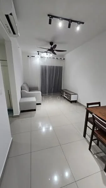 Living features: white painted walls, glossy ceramic tile flooring, 5-blade ceiling fan with light, recessed LED downlights, sofa in light grey fabric, wooden dining table, 4 wooden dining chairs, TV console in white, curtains in grey, sliding glass door, air conditioning unit; style: modern.
