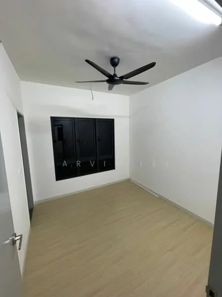 Room features: white painted walls, light wood flooring, ceiling fan, black framed windows, no visible furniture, LED ceiling light; style: modern.