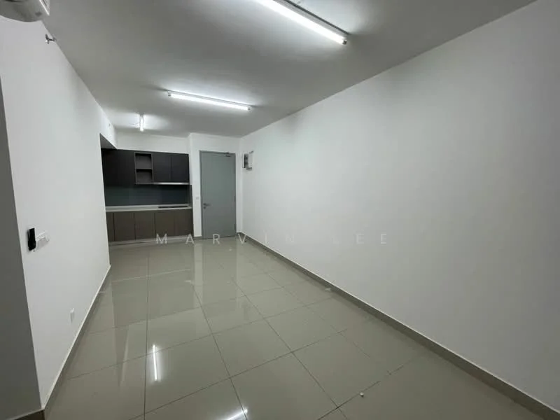 Room features: white painted walls, glossy ceramic tile flooring, recessed LED downlights, 1 wall-mounted split AC, open kitchen layout, grey cabinetry, kitchen countertop, neutral color scheme; style: modern.