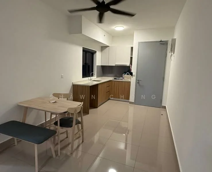 Kitchen features: white painted walls, glossy tile flooring, ceiling fan, kitchen cabinets in wood finish, stainless-steel sink, chrome pull-down faucet, built-in oven, freestanding range oven, refrigerator, countertop with space for appliances, dining table with two chairs, window with black frame; style: modern.