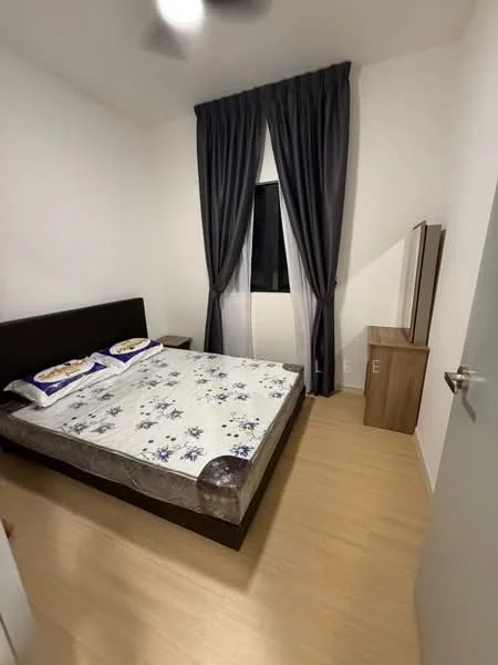 Bedroom features: queen-size bed with patterned bedding, wooden bedside table, floor-to-ceiling window, dark grey curtains, light wood flooring, white painted walls, ceiling fan, mirror on dresser; style: modern.