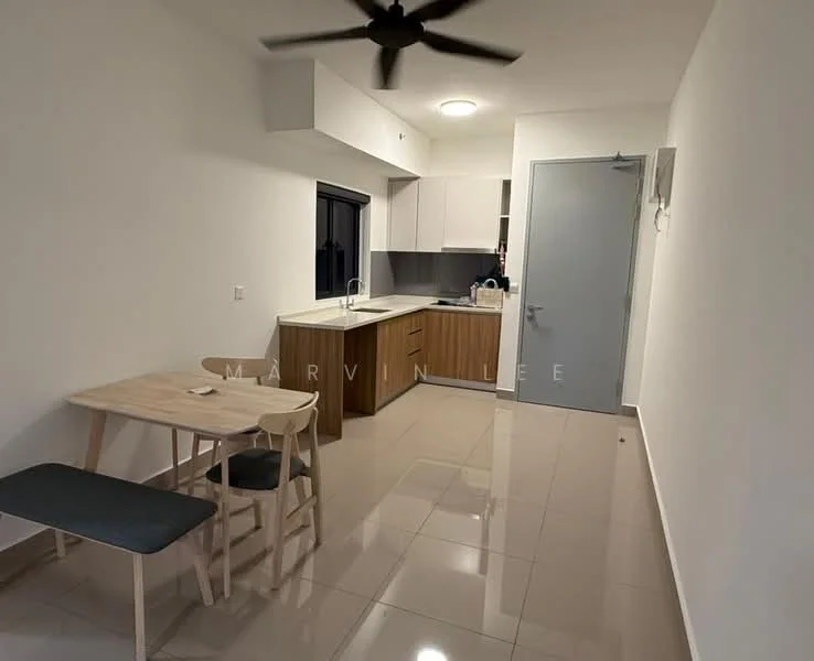 Kitchen features: white painted walls, glossy tile flooring, ceiling fan, kitchen cabinets in wood finish, countertop with integrated sink, stainless-steel sink, built-in oven, refrigerator, window with black frame, dining table for two, two dining chairs, light fixture in ceiling; style: modern.