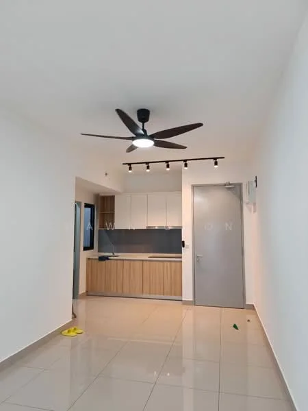 Living features: white painted walls, glossy ceramic tile flooring, 5-blade ceiling fan with light, recessed LED downlights, kitchen cabinetry with wood finish, grey countertop, open kitchen layout, sliding door, visible electrical outlets; style: modern.