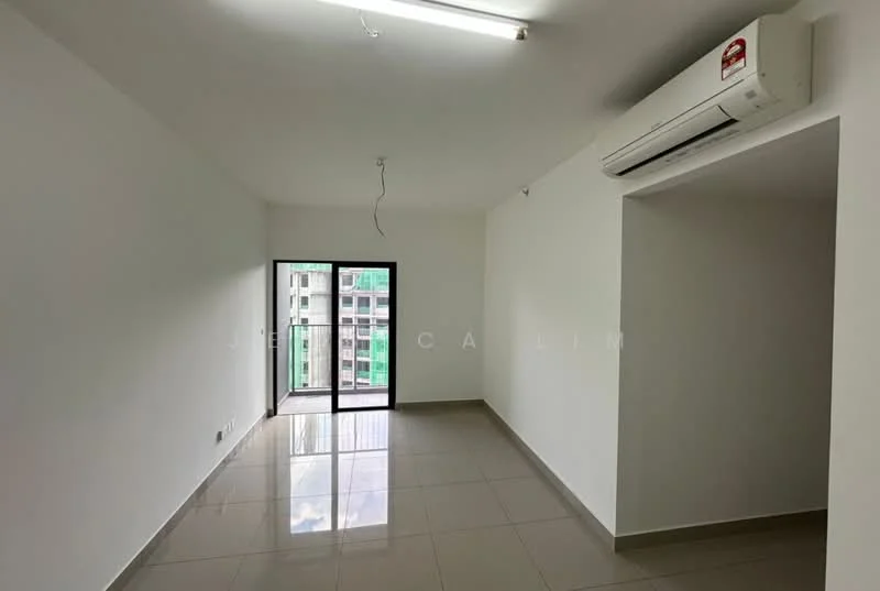 Living features: white painted walls, glossy ceramic tile flooring, 1 wall-mounted split AC, floor-to-ceiling sliding glass door, natural light from door, plain ceiling with fluorescent lighting; style: modern; view: city.
