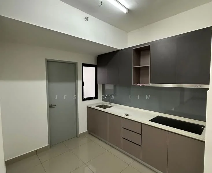 Kitchen features: grey cabinetry, white countertop, stainless-steel sink, chrome faucet, built-in stove, tile backsplash, wall-mounted cabinets, floor-to-ceiling window, light grey tiled flooring, recessed ceiling lights; style: modern.