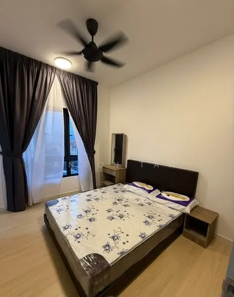 Bedroom features: queen-size bed, upholstered headboard, bedding with floral pattern, 2 bedside tables, floor-to-ceiling window, sheer curtains, dark curtains, ceiling fan with light, wooden flooring, mirror on dresser; style: modern.