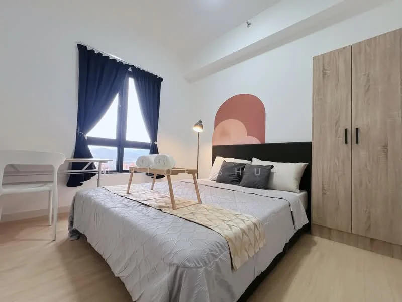 Bedroom features: queen-size bed, upholstered headboard, grey bedspread, wooden bedside table, table lamp, white chair, desk, wooden wardrobe, black accent wall, floor-to-ceiling window with sheer curtains, light wood flooring, decorative wall art; style: modern; view: city.