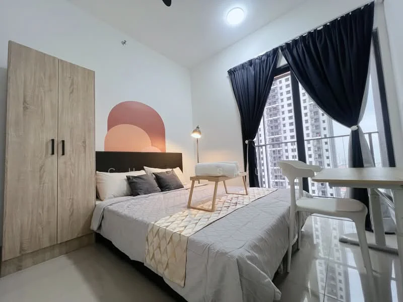 Bedroom features: queen-size bed, upholstered headboard, bedding with decorative throw, 2 bedside lamps, wooden wardrobe, floor-to-ceiling windows, blackout curtains, study table, white chair, decorative wall art, polished tile flooring, recessed ceiling light; style: modern; view: city.