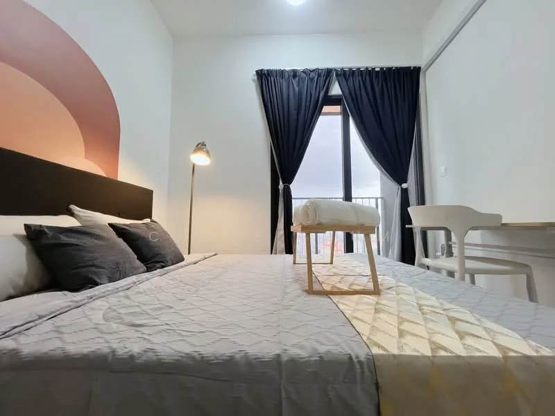 Bedroom features: king-size bed with grey bedding, black upholstered headboard, two black decorative pillows, white bedside lamp, white chair, wooden side table, floor-to-ceiling window, black curtains, light grey wall with abstract design, white walls, recessed ceiling light; style: modern; view: city.