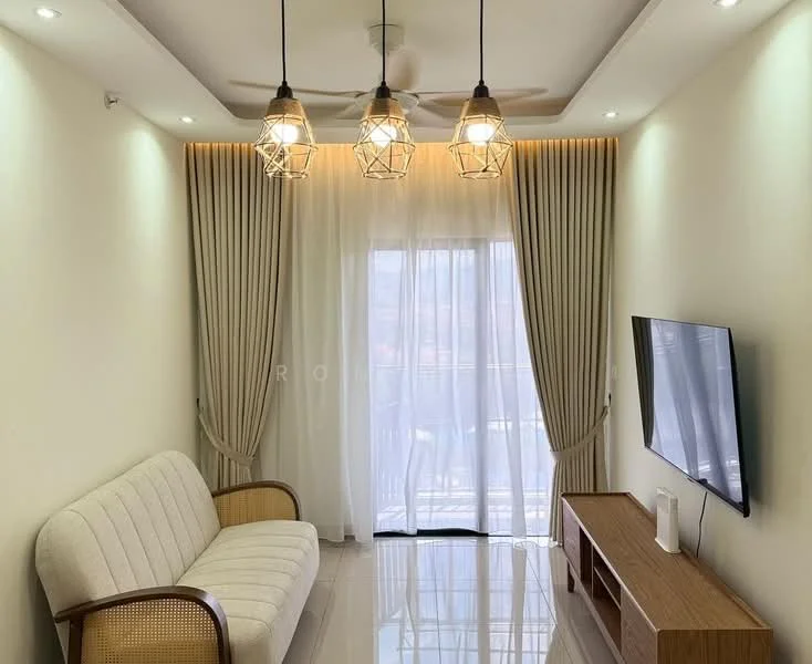 Living features: 3-seater fabric sofa in white, wooden coffee table, wall-mounted TV, floor-to-ceiling windows, sheer curtains, beige curtains, 5-blade ceiling fan with light, recessed LED downlights, glossy tile flooring, decorative wall, wooden TV console; style: modern.