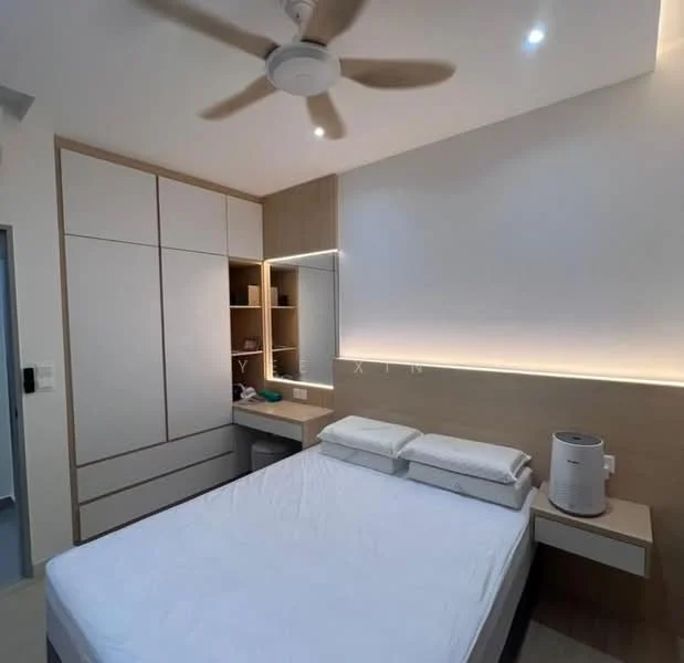 Bedroom features: queen-size bed, upholstered headboard, built-in wardrobe with sliding doors, study desk with drawer, wall-mounted mirror, recessed LED lighting, ceiling fan, light wood cabinetry, white walls, wooden flooring; style: modern.