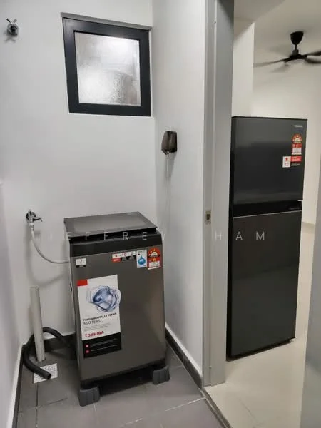 Laundry features: top-load washing machine in silver, black fridge, grey tiled flooring, white painted walls, small window, wall-mounted phone, ceiling fan; style: modern.