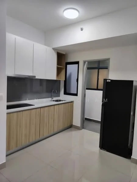 Kitchen features: white upper cabinets, wood lower cabinets, black countertop, single-bowl stainless-steel sink, chrome pull-down faucet, black fridge, grey backsplash, tile flooring, recessed ceiling light, window with black frame, open shelving, wall-mounted cabinet; style: modern.