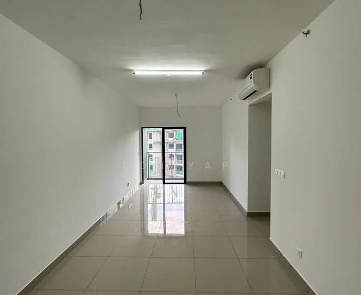 Living features: white painted walls, glossy ceramic tile flooring, recessed LED downlights, 1 wall-mounted split AC, floor-to-ceiling sliding glass door, view of outdoor space, neutral color scheme, no visible furniture; style: modern.