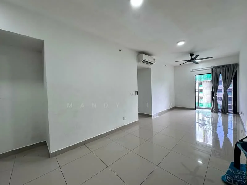 Living features: white painted walls, glossy ceramic tile flooring, 5-blade ceiling fan with light, wall-mounted split AC, floor-to-ceiling sliding glass door, grey curtains, natural light from window, neutral color scheme; style: modern; view: garden.