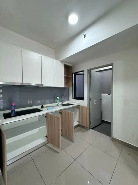 Kitchen features: white cabinetry, open shelving, black countertop, stainless-steel sink, single-bowl sink, chrome faucet, grey tiled backsplash, ceramic tile flooring, recessed ceiling light, floor-to-ceiling window, door leading to utility area; style: modern. Utility features: grey walls, ceramic tile flooring, door leading to kitchen.