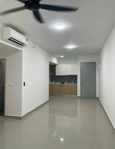Living features: white painted walls, polished ceramic tile flooring, recessed LED downlights, 5-blade ceiling fan, wall-mounted split AC, open kitchen layout, kitchen cabinetry with wood finish, grey countertop, door to hallway; style: modern.