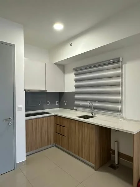 Kitchen features: white cabinets, wood cabinetry, grey backsplash, white countertop, single-bowl stainless-steel sink, chrome pull-down faucet, built-in oven, ceramic tile flooring, roller blinds, recessed downlights; style: modern.