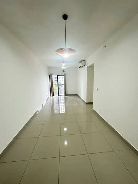 Living features: white painted walls, glossy ceramic tile flooring, 5-blade ceiling fan with light, floor-to-ceiling sliding glass door, air conditioning unit, recessed downlights, open layout, natural light from windows; style: modern; view: garden.