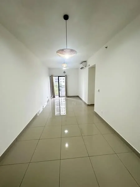 Living features: white painted walls, glossy ceramic tile flooring, 5-blade ceiling fan with light, floor-to-ceiling sliding glass door, air conditioning unit, recessed downlights, neutral color palette, open layout; style: modern; view: garden.