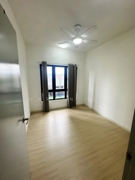 Bedroom features: light wood laminate flooring, white painted walls, 5-blade ceiling fan with light, floor-to-ceiling window, grey curtains, window with city view; style: modern; view: city.